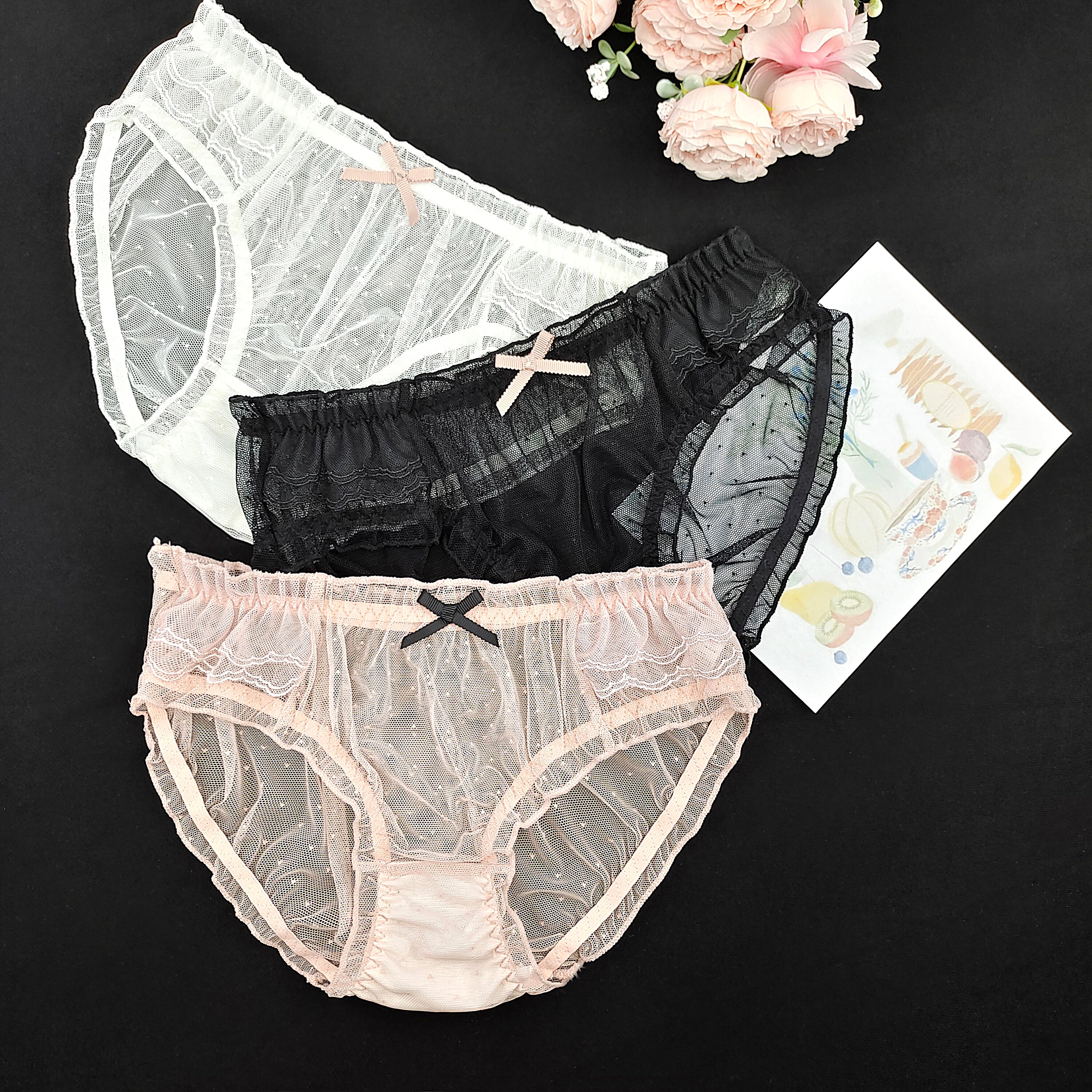 Women Comfortable Summer Briefs Lovely Bow Lace Underwear for Ladies Soft 3 Packs